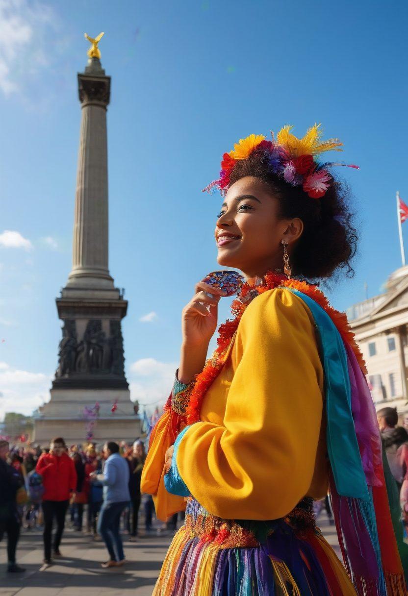 A vibrant scene at Trafalgar Square filled with diverse groups of people joyfully celebrating, colorful decorations, confetti in the air, and iconic landmarks like the Nelson's Column and fountains in the background. The image conveys a sense of unity, happiness, and festivity. super-realistic. vibrant colors. sunny atmosphere.
