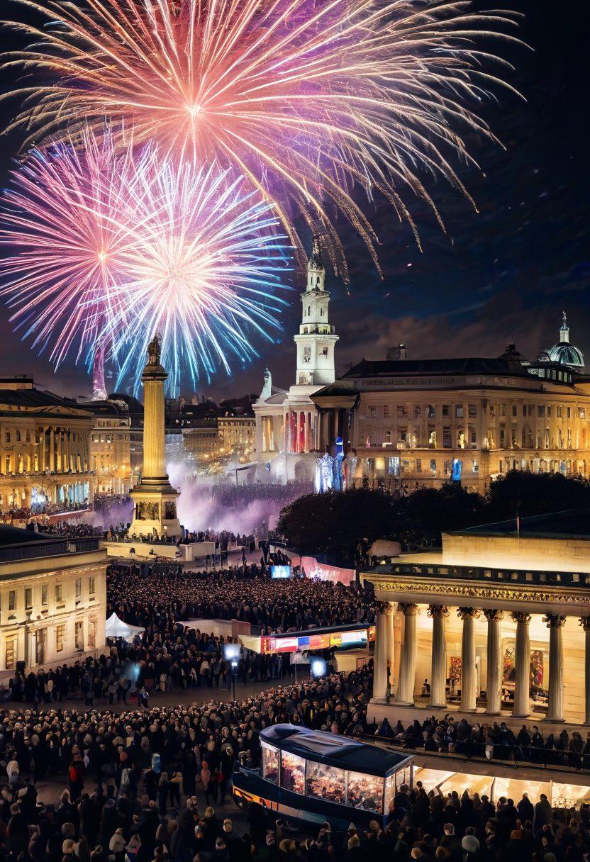 A bustling Trafalgar Square illuminated with colorful festive lights during a joyous celebration, featuring a diverse crowd enjoying traditional British food and drinks, with iconic landmarks and decorations in the background. The scene should depict a sense of community and happiness, with confetti falling and street performers entertaining the crowd. vibrant colors. super-realistic.