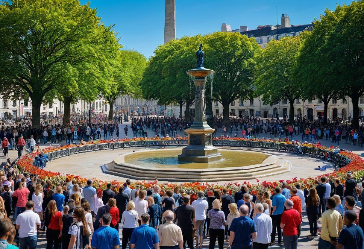 A vibrant scene of Trafalgar Square bustling with joyful gatherings, showcasing diverse groups of people enjoying street performances, sharing food, and celebrating culture. Iconic landmarks like Nelson's Column and the fountains should be prominent, filled with colorful flowers and decorations to illustrate a festive atmosphere. The sky is bright blue and sunny, conveying a sense of warmth and community. super-realistic. vibrant colors. lively and cheerful mood.